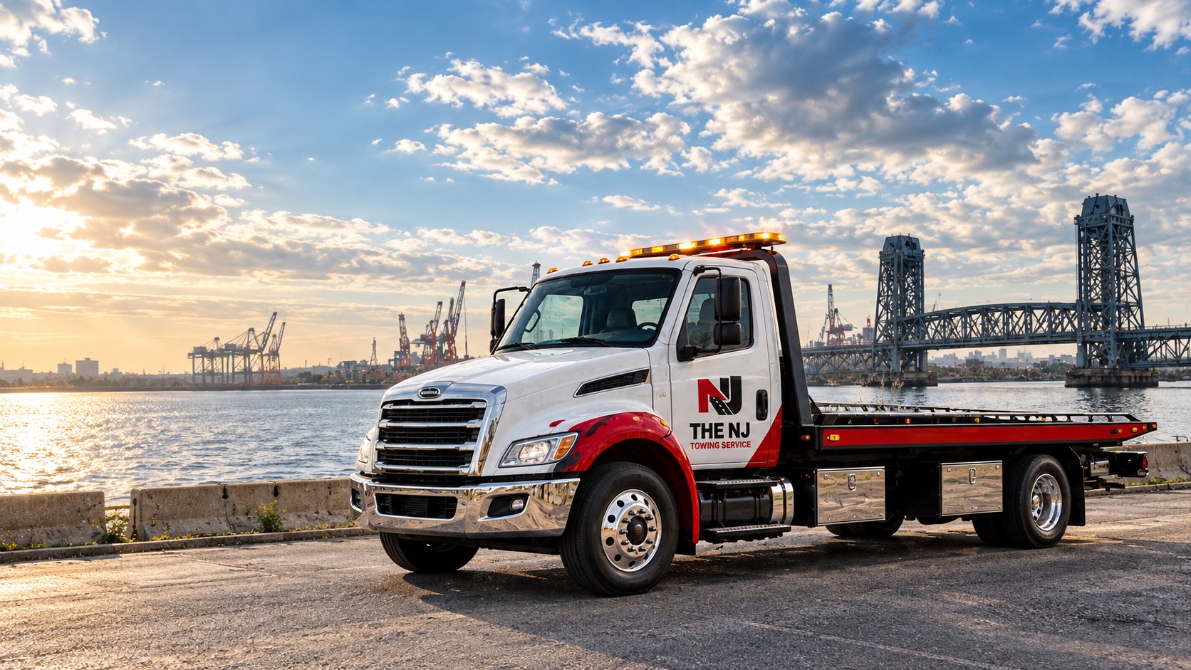 The NJ Towing Service flatbed tow truck with Newark Bay and the port cranes behind it